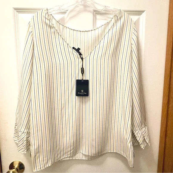 Massimo Dutti Striped Blouse Ruffle Sleeves in Chartreuse White and Blue Size 6 - Picture 2 of 7